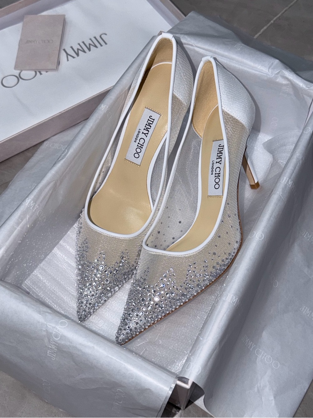 Jimmy Choo Love 85 Crystal Embellished Mesh Pumps Silver Size 38 NEW